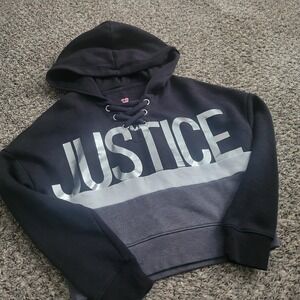 Justice Girls Size 7 Cropped Lace-Up Hoodie Black & Grey Metallic Logo